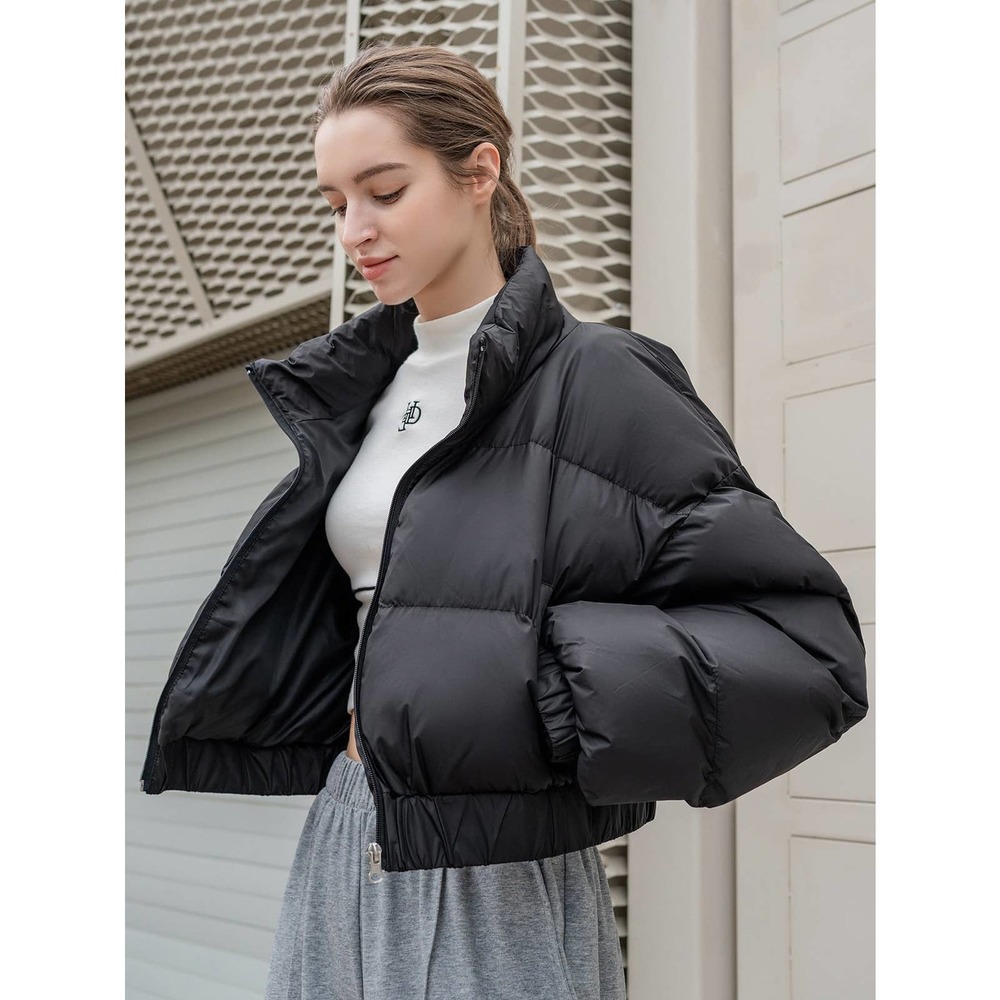 Zipper Up Elastic Hem Crop Puffer Coat tan - Picture 5 of 5